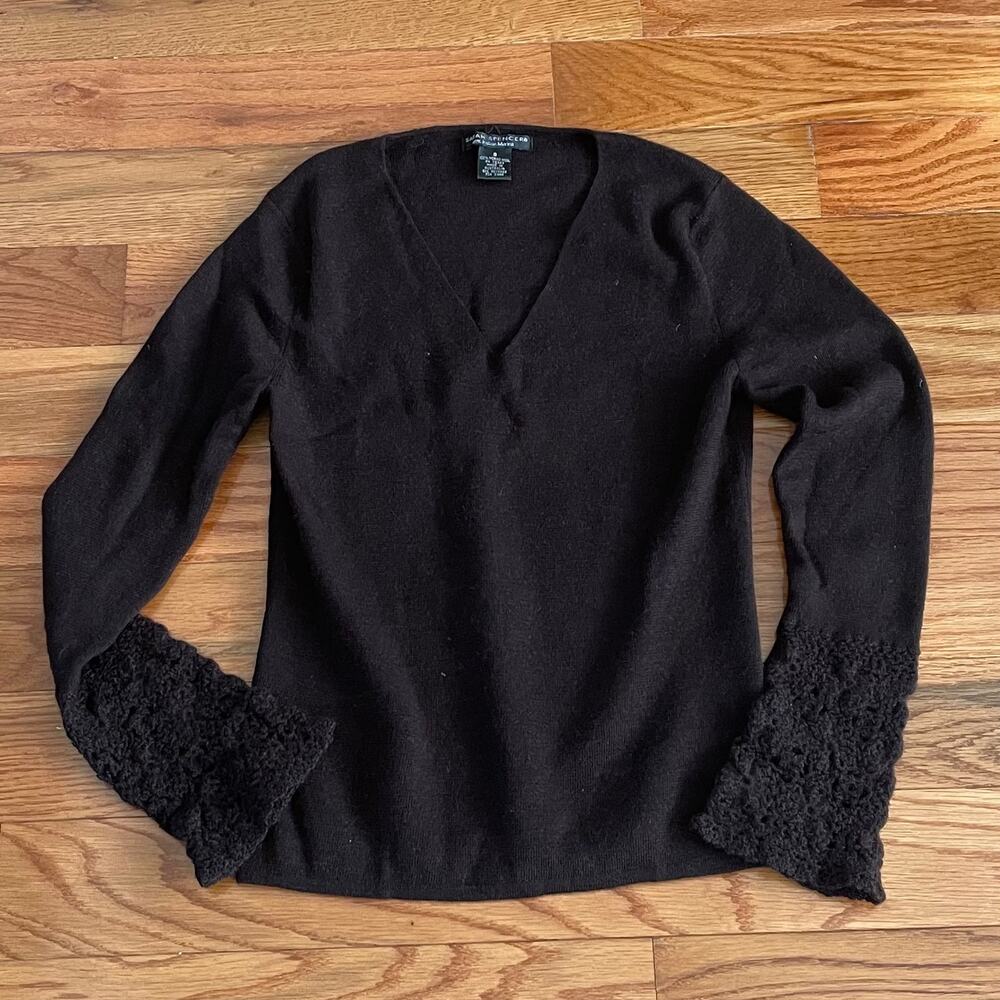 Sarah Spencer Merino Wool Sweater Womens Small Brown V Neck Crochet Bell Sleeve